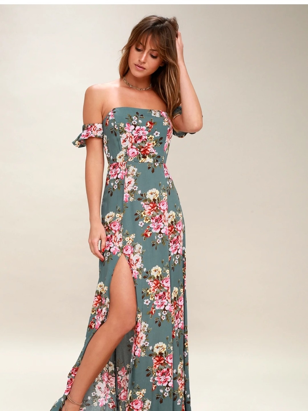Lulu's Sage Green Off-Shoulder Floral Maxi Dress